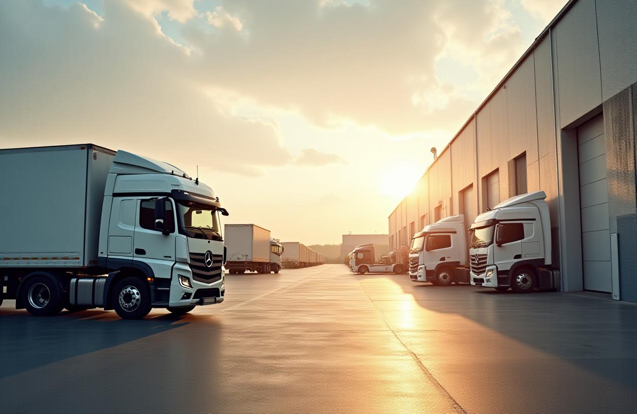 Modern logistics hub with cargo trucks and professional management